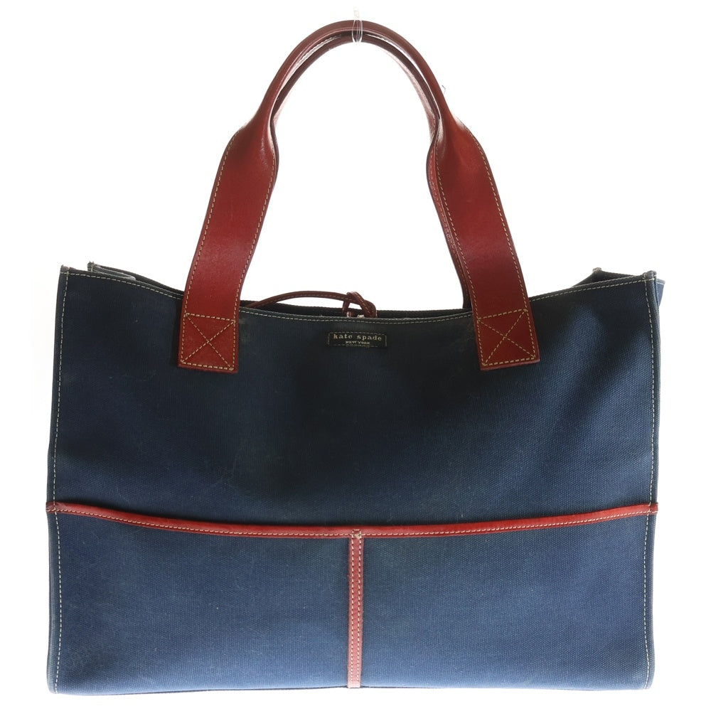 Kate Spade(ケイトスペード) ワッペンロゴ キャンバス レザー トートバッグ ネイビー/レッド