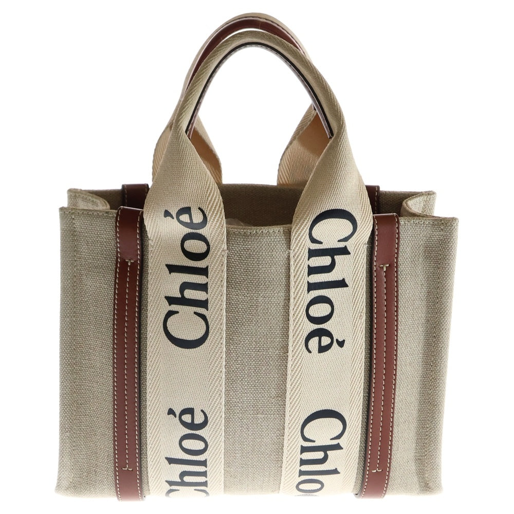 Chloe(クロエ) ウッディ スモール ハンドバッグ ミニトートバッグ キャンバス×レザー ベージュ×ブラウン ゴールド金具 ロゴハンドル