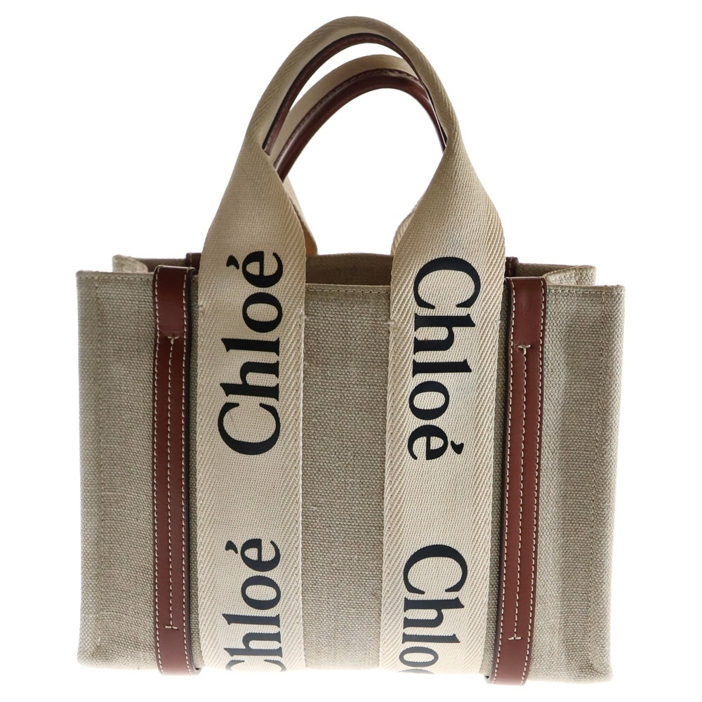 Chloe(クロエ) ウッディ スモール ハンドバッグ ミニトートバッグ キャンバス×レザー ベージュ×ブラウン ゴールド金具 ロゴハンドル