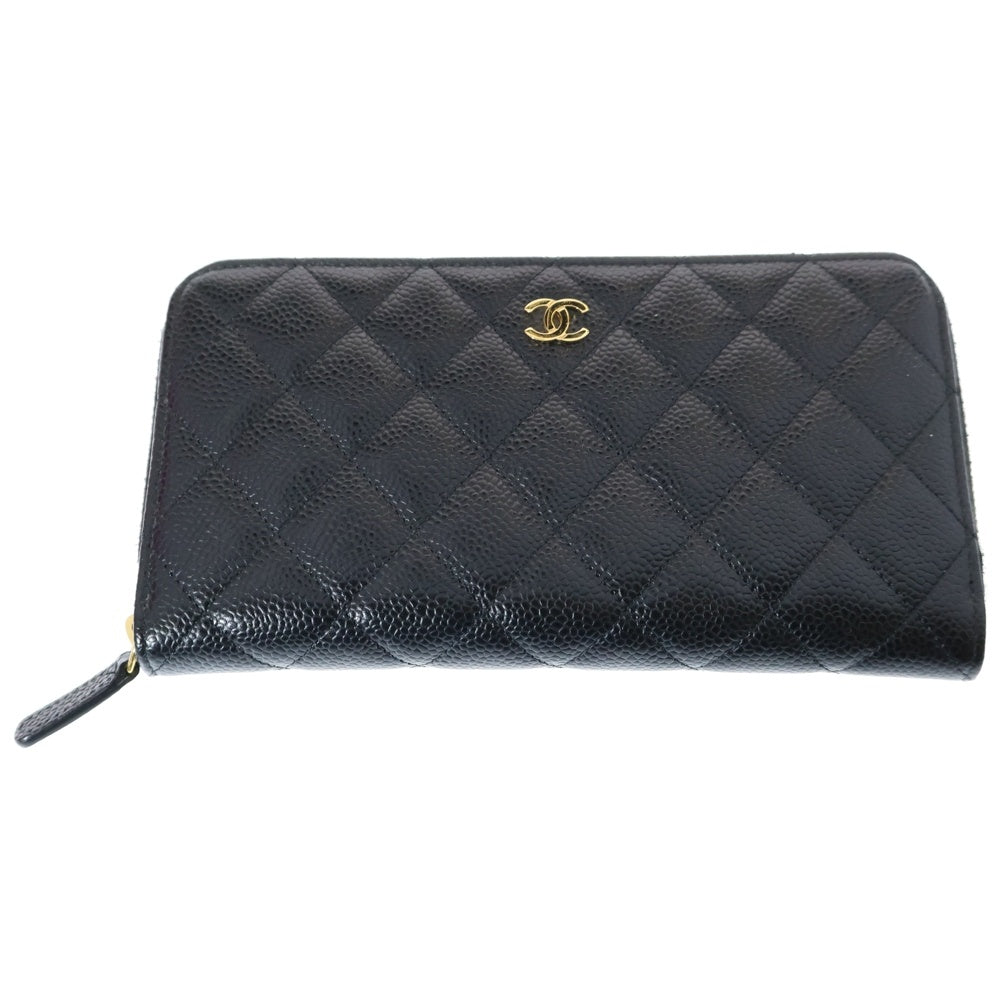 CHANEL(シャネル) ココマーク マトラッセ キャビアスキン レザーラウンドジップロングウォレット 長財布 ブラック レディース