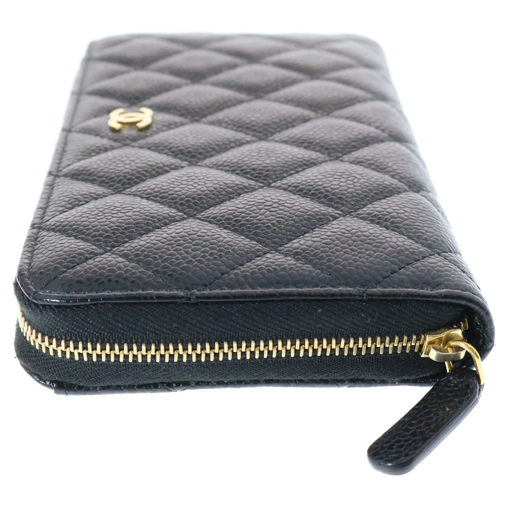 CHANEL(シャネル) ココマーク マトラッセ キャビアスキン レザーラウンドジップロングウォレット 長財布 ブラック レディース