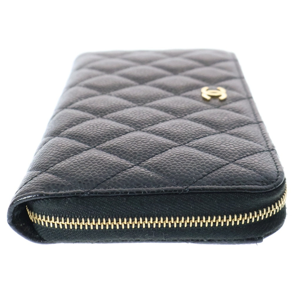 CHANEL(シャネル) ココマーク マトラッセ キャビアスキン レザーラウンドジップロングウォレット 長財布 ブラック レディース