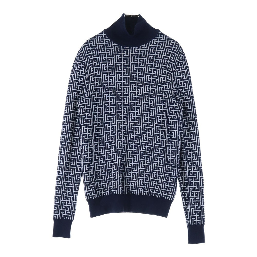 BALMAIN(バルマン) 総柄 タートルネック長袖ニットセーター ネイビー KF010K020