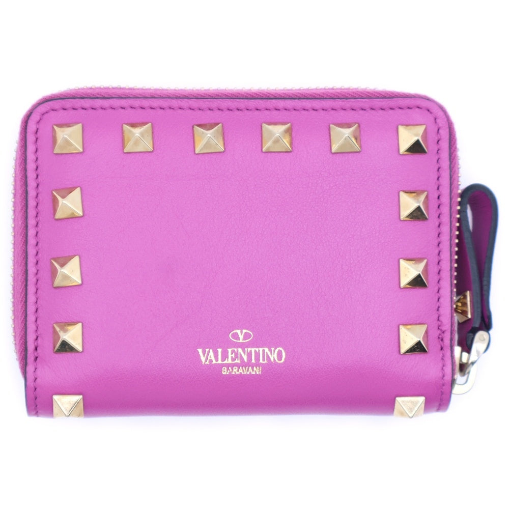 VALENTINO(ヴァレンティノ) ロゴ スタッズ付ラウンドファスナーレザーコンパクトウォレット 財布 パープル