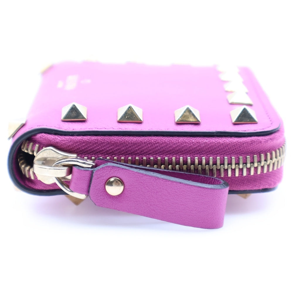 VALENTINO(ヴァレンティノ) ロゴ スタッズ付ラウンドファスナーレザーコンパクトウォレット 財布 パープル