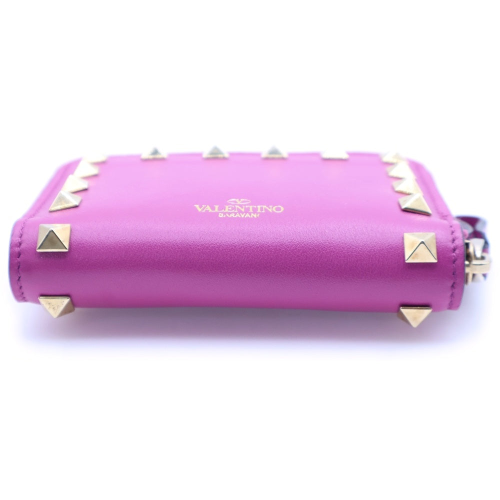 VALENTINO(ヴァレンティノ) ロゴ スタッズ付ラウンドファスナーレザーコンパクトウォレット 財布 パープル