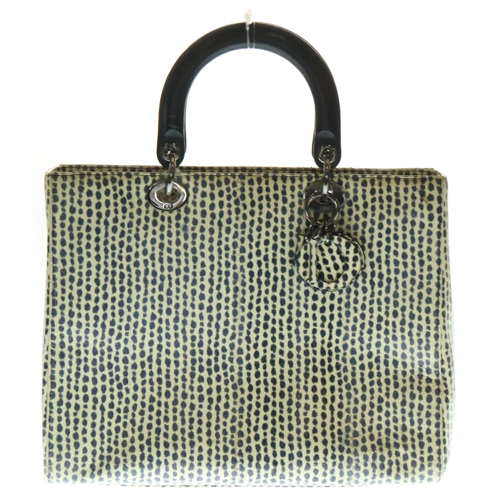 Christian Dior(クリスチャンディオール) レディディオール ラージ パイソンレザー ハンド トートバッグ シルバー金具 ブラック/アイボリー