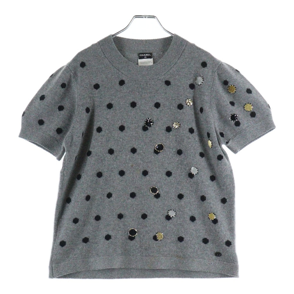 CHANEL(シャネル) 08AW ドット総柄 ジャガード スパンコール カシミヤ クルーネック プルオーバー 半袖ニット セーター グレー レディース P34356K00936