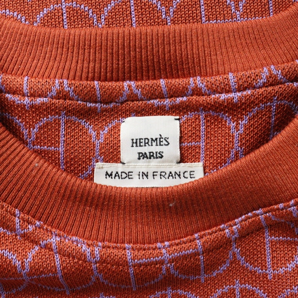 HERMES(エルメス) 22SS Hロゴジャガード 総柄 コットン クルーネック プルオーバー 半袖ニット セーター オレンジ レディース 2E4600DY