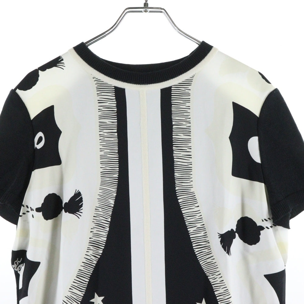 HERMES(エルメス) ツイルレーヌ 柄プリント シルクスカーフ切り替え カシミヤ クルーネック 半袖ニット セーター ブラック/ホワイト レディース