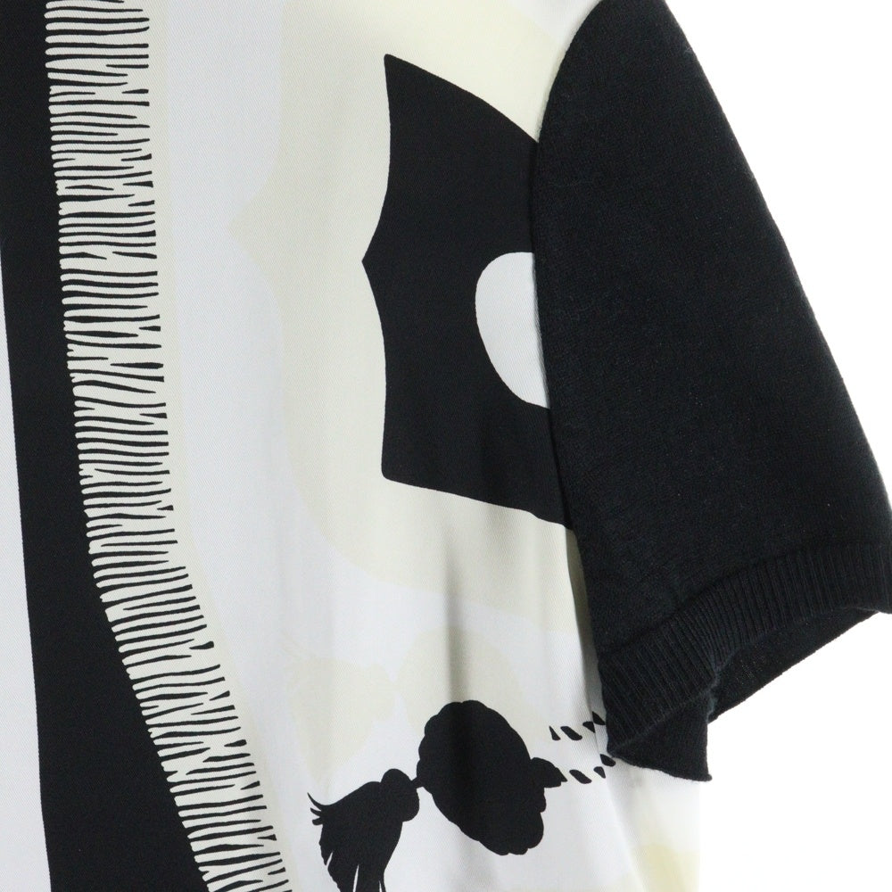 HERMES(エルメス) ツイルレーヌ 柄プリント シルクスカーフ切り替え カシミヤ クルーネック 半袖ニット セーター ブラック/ホワイト レディース