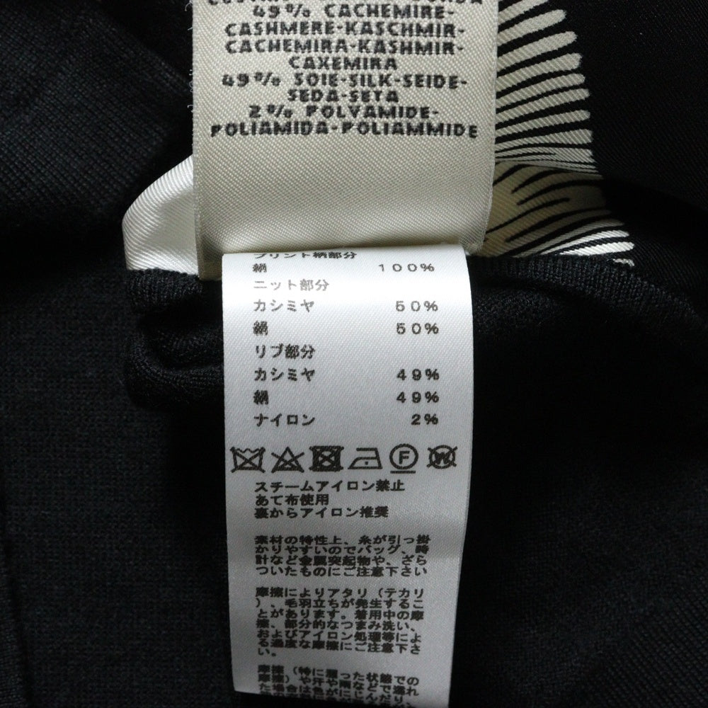 HERMES(エルメス) ツイルレーヌ 柄プリント シルクスカーフ切り替え カシミヤ クルーネック 半袖ニット セーター ブラック/ホワイト レディース