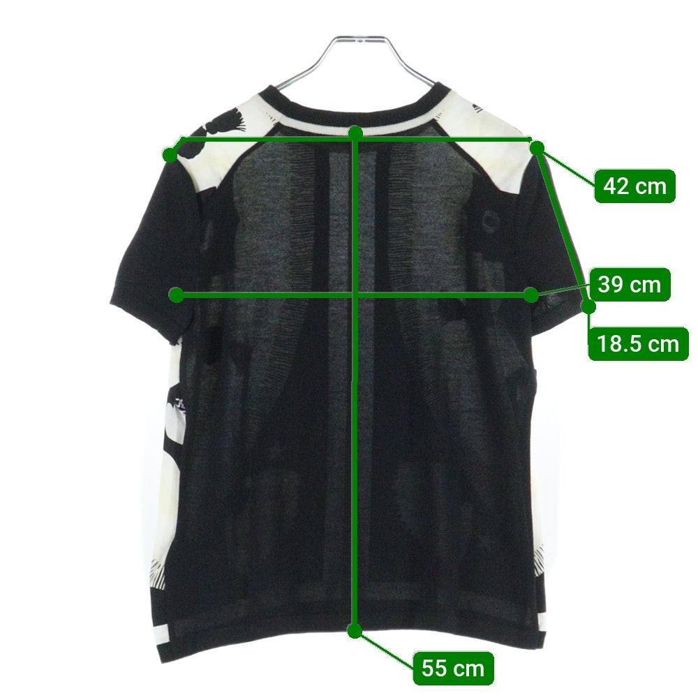 HERMES(エルメス) ツイルレーヌ 柄プリント シルクスカーフ切り替え カシミヤ クルーネック 半袖ニット セーター ブラック/ホワイト レディース