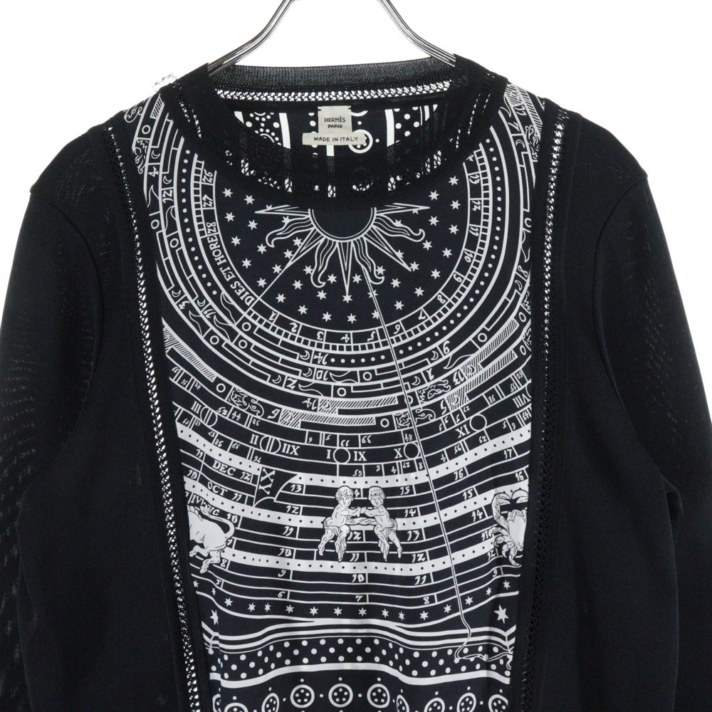 HERMES(エルメス) 23AW ツイルレーヌ Astrology アストロロジー 星座柄プリント シルクスカーフ切り替え クルーネック 長袖ニット セーター ブラック レディース 3H2814D7