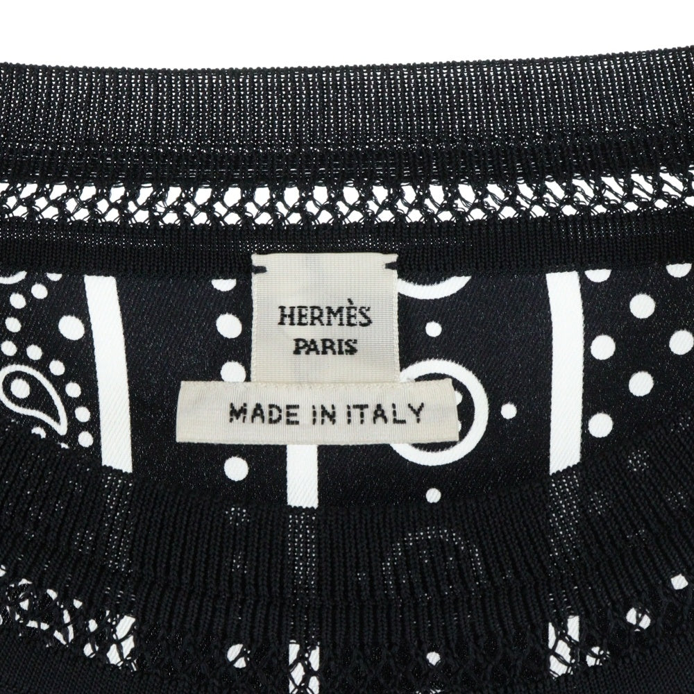 HERMES(エルメス) 23AW ツイルレーヌ Astrology アストロロジー 星座柄プリント シルクスカーフ切り替え クルーネック 長袖ニット セーター ブラック レディース 3H2814D7
