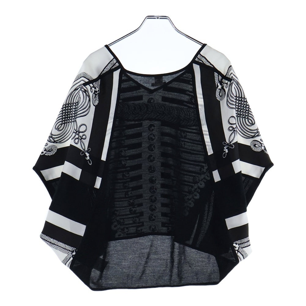 HERMES(エルメス) ツイルレーヌ ナポレオンジャケット柄 シルクスカーフ切り替え Vネック カシミヤニット トップス カットソー ブラック/ホワイト レディース