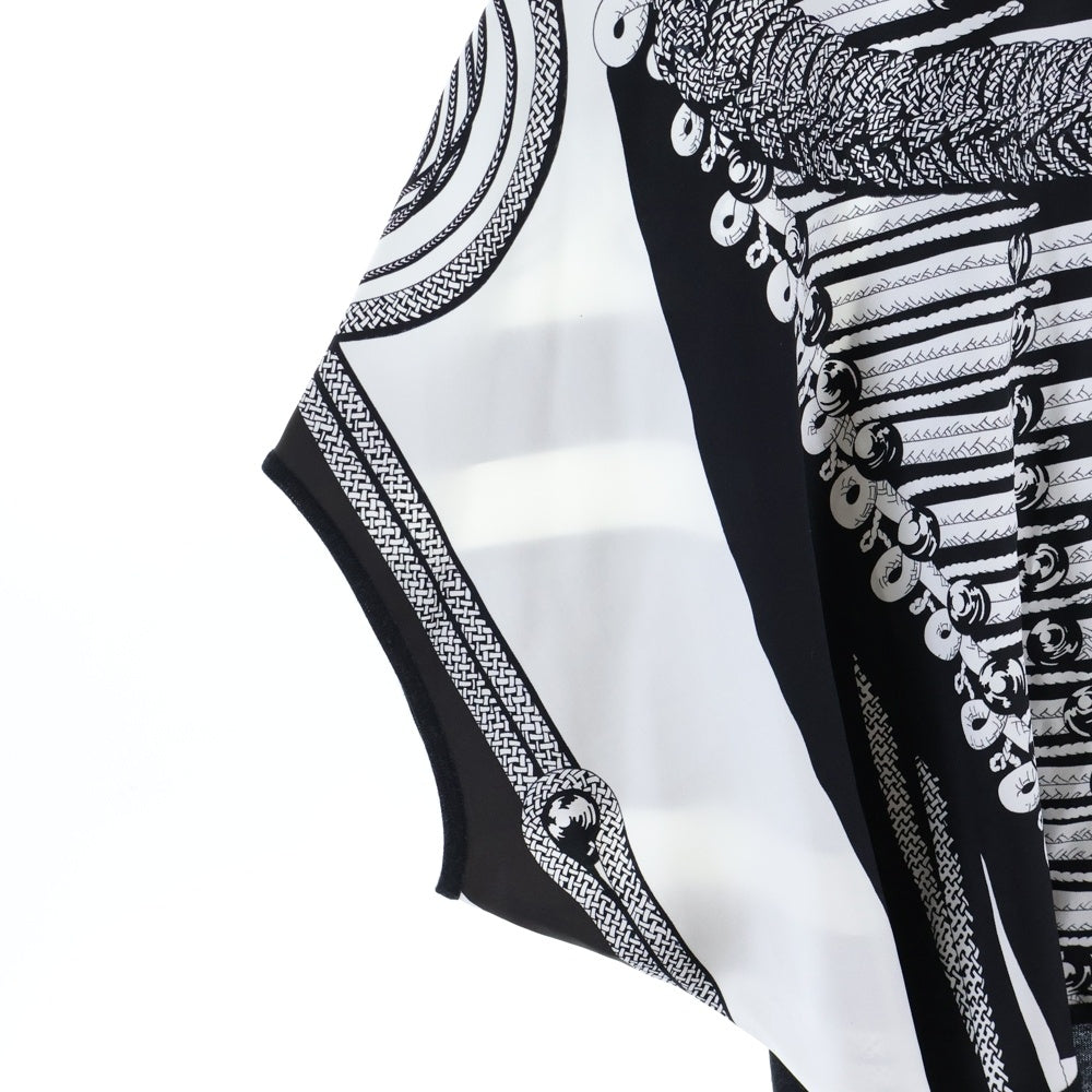 HERMES(エルメス) ツイルレーヌ ナポレオンジャケット柄 シルクスカーフ切り替え Vネック カシミヤニット トップス カットソー ブラック/ホワイト レディース