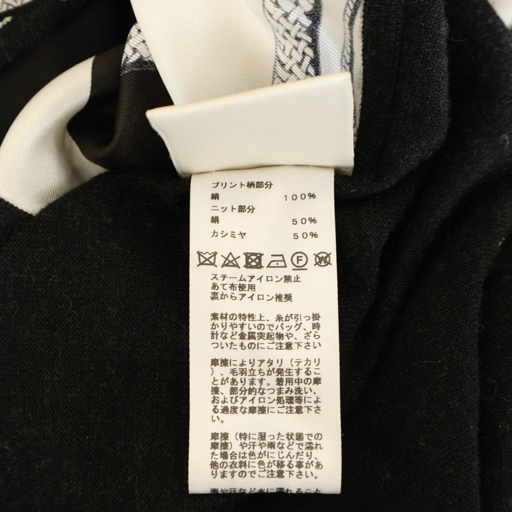 HERMES(エルメス) ツイルレーヌ ナポレオンジャケット柄 シルクスカーフ切り替え Vネック カシミヤニット トップス カットソー ブラック/ホワイト レディース