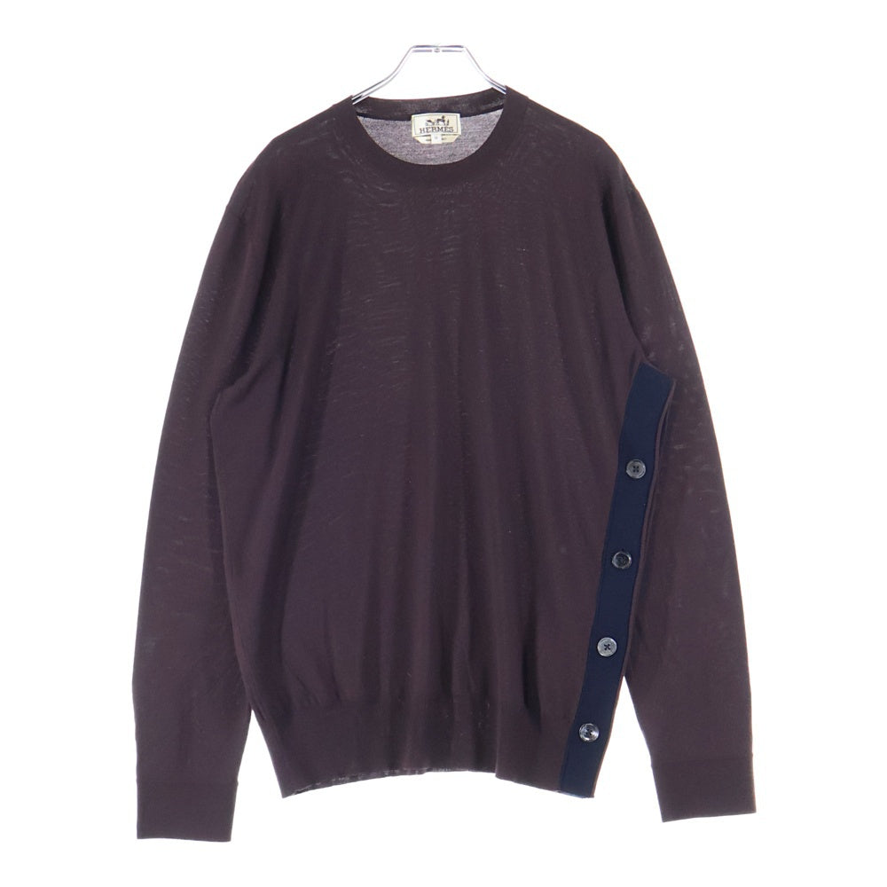 HERMES(エルメス) サイドボタンデザイン スカーフ 柄 切り替え ウール クルーネック プルオーバー 長袖ニット セーター ブラウン レディース