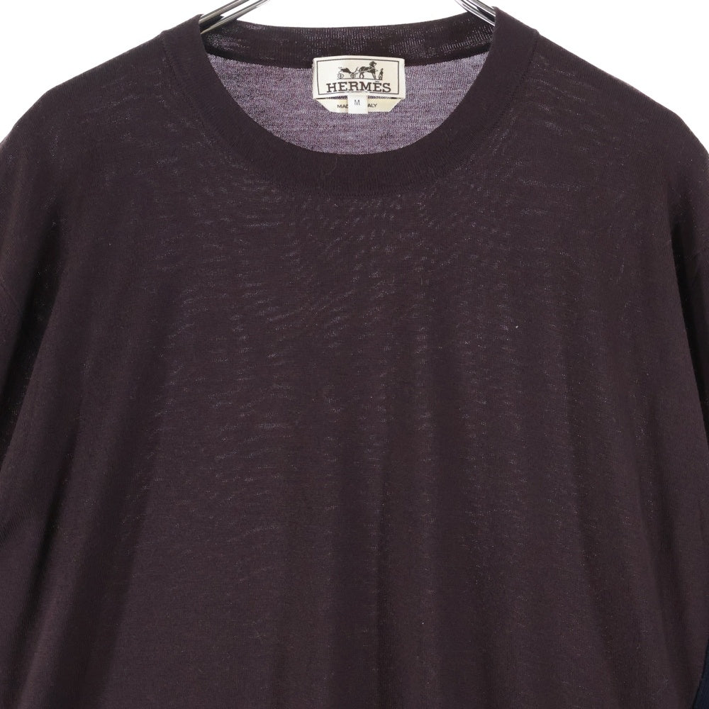 HERMES(エルメス) サイドボタンデザイン スカーフ 柄 切り替え ウール クルーネック プルオーバー 長袖ニット セーター ブラウン レディース