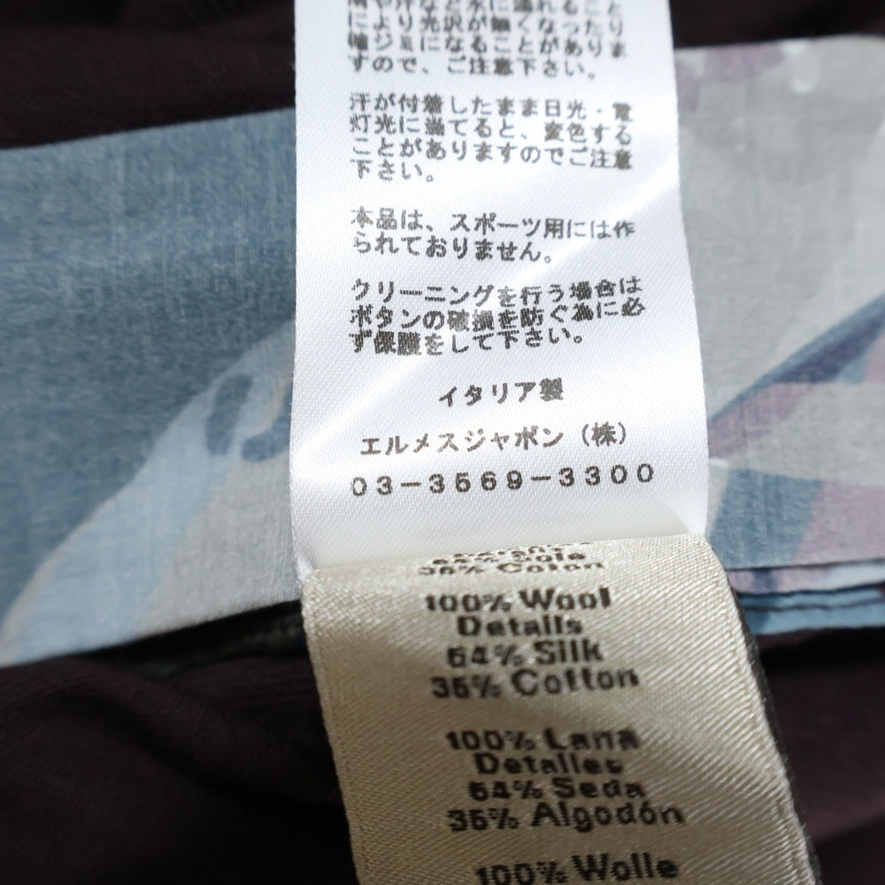 HERMES(エルメス) サイドボタンデザイン スカーフ 柄 切り替え ウール クルーネック プルオーバー 長袖ニット セーター ブラウン レディース