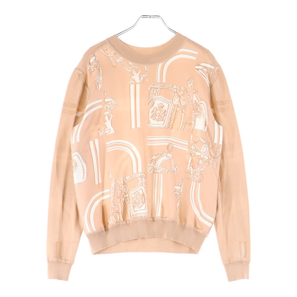 HERMES(エルメス) 24SS En Desordre Finesse アン デゾルドル フィネス 柄プリント シルク クルーネック プルオーバー 長袖ニット セーター ピンクベージュ レディース 4E2838DQ