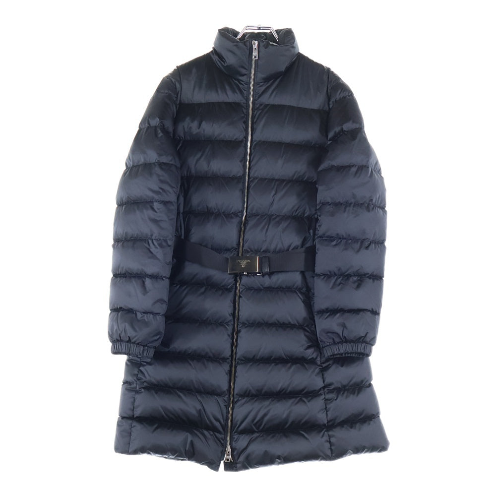 PRADA(プラダ) 19AW ロゴバックル ベルト付き スタンドカラー ジップアップ ダウン ロング ジャケット コート ブラック レディース 29G150