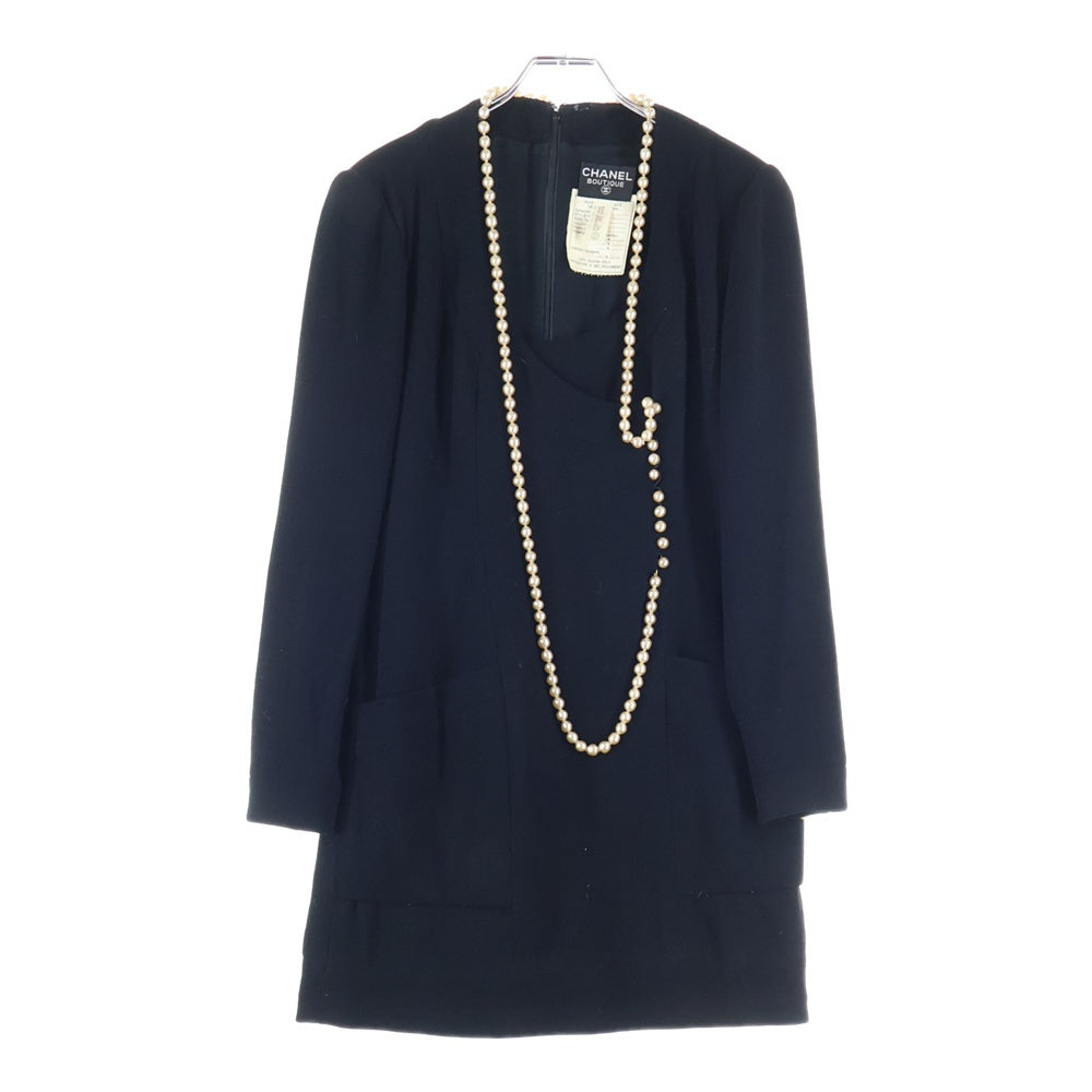 CHANEL(シャネル) パールデザイン ナイロン混 ウール ミディアムワンピース ドレス ブラック レディース