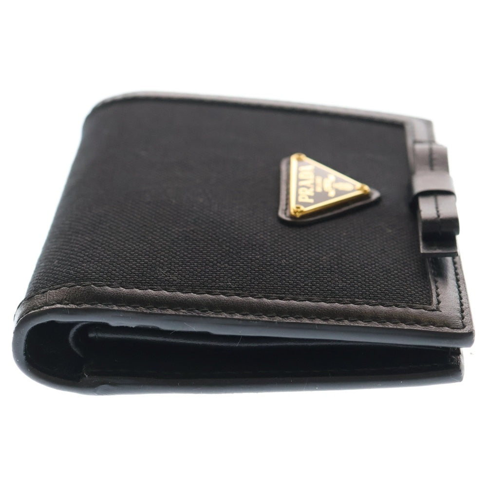 PRADA(プラダ) リボン ロゴプレート 2つ折り財布 ブラック レザー×キャンバス ウォレット