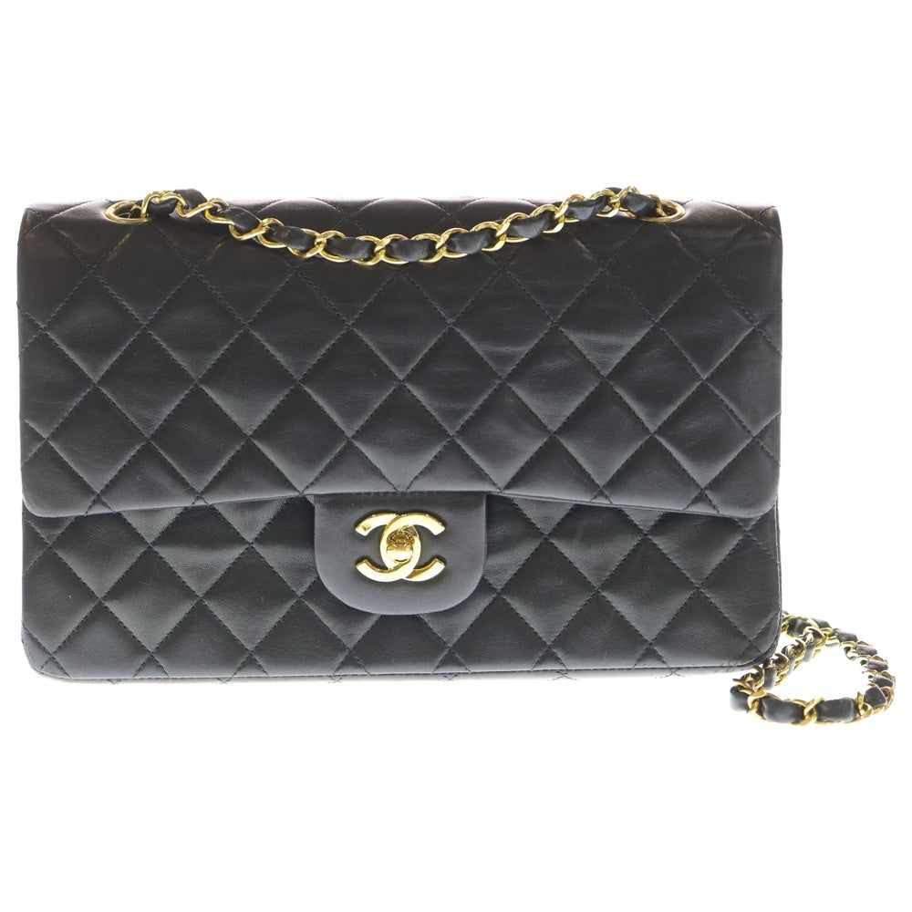 CHANEL(シャネル) マトラッセ25 ダブルフラップ ダブルチェーン ショルダーバッグ ブラック ラムスキン ゴールド金具 レディース