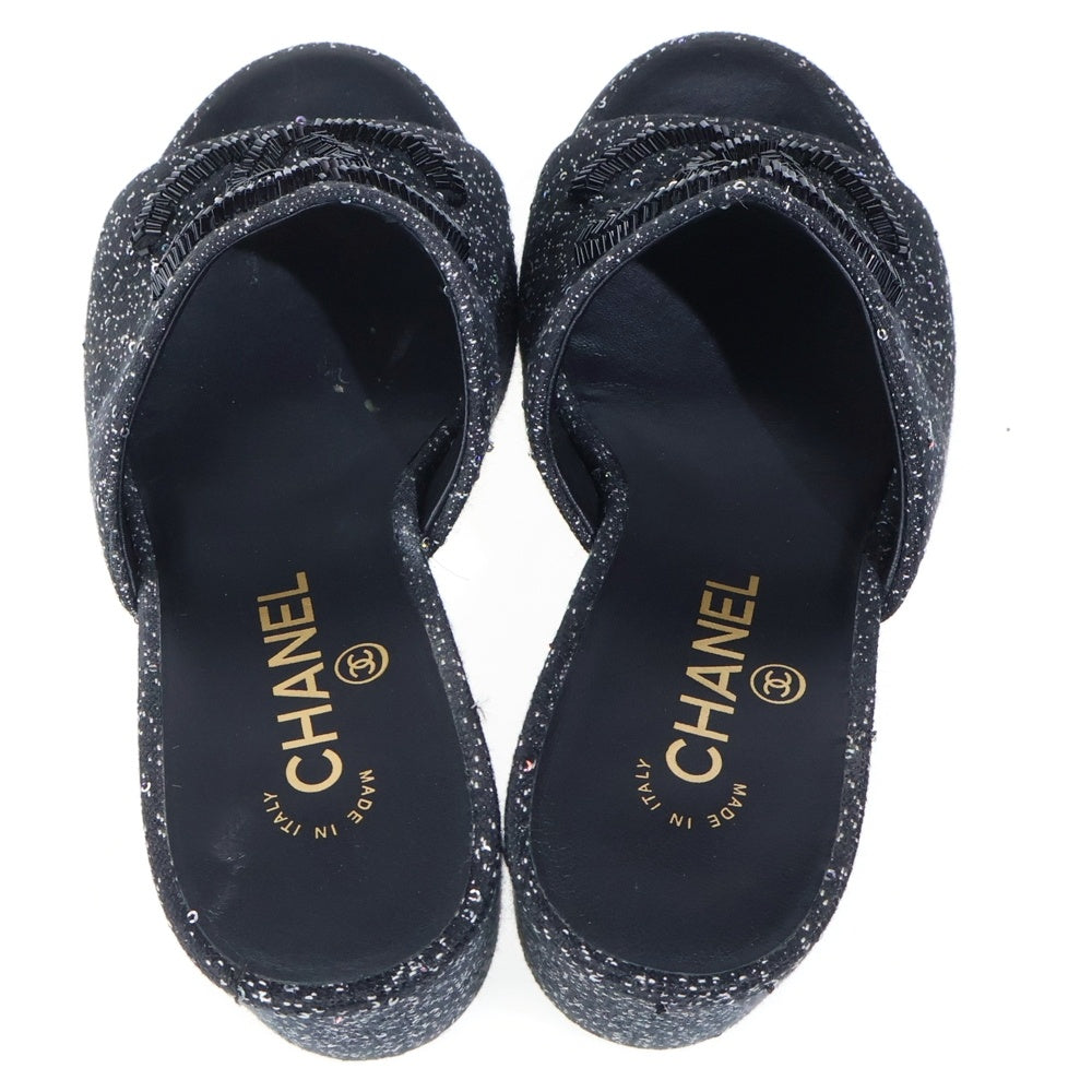 CHANEL(シャネル) 19SS ココマークビーズ刺繍 ミックスツイード ヒール サンダル ブラック レディース G34680