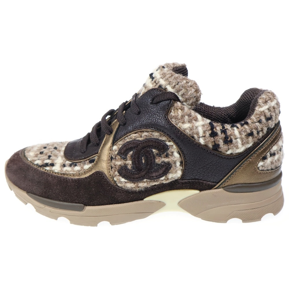 CHANEL(シャネル) ココマーク レザー ツイード レースアップ ローカットシューズ スニーカー ブラウン レディース G26582