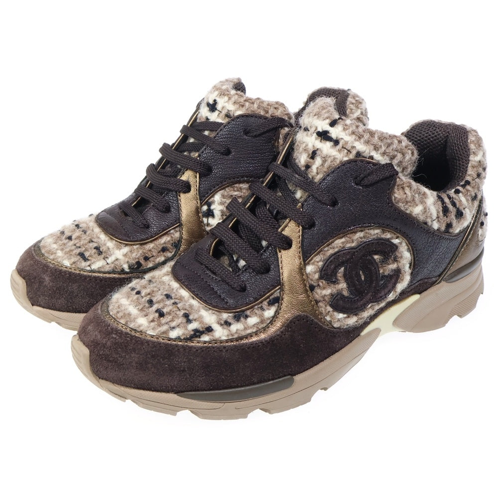 CHANEL(シャネル) ココマーク レザー ツイード レースアップ ローカットシューズ スニーカー ブラウン レディース G26582