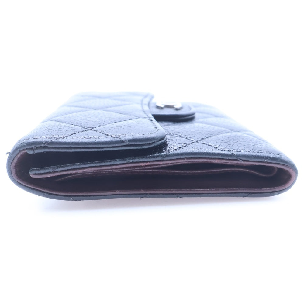 CHANEL(シャネル) マトラッセ 三つ折り財布 コンパクトウォレット キャビアスキン シルバー金具 ブラック レディース