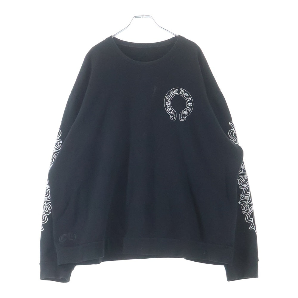 CHROME HEARTS(クロムハーツ) Horseshoe L/S Sweatshirt ホースシュープリント 袖フローラル クルーネックスウェットトレーナー ブラック
