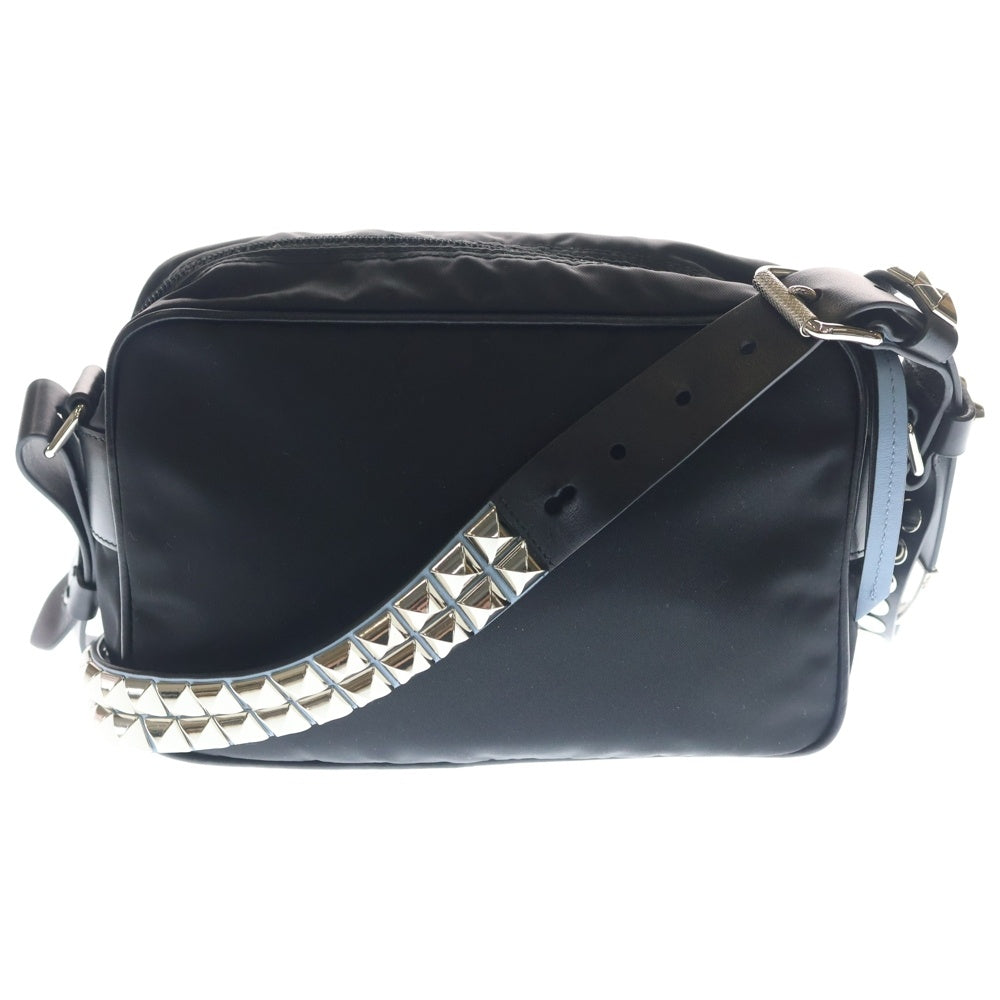 PRADA(プラダ) ショルダーバッグ テスート スタッズ ブラック×ライトブルー ナイロン 1BC167 シルバー金具 レディース