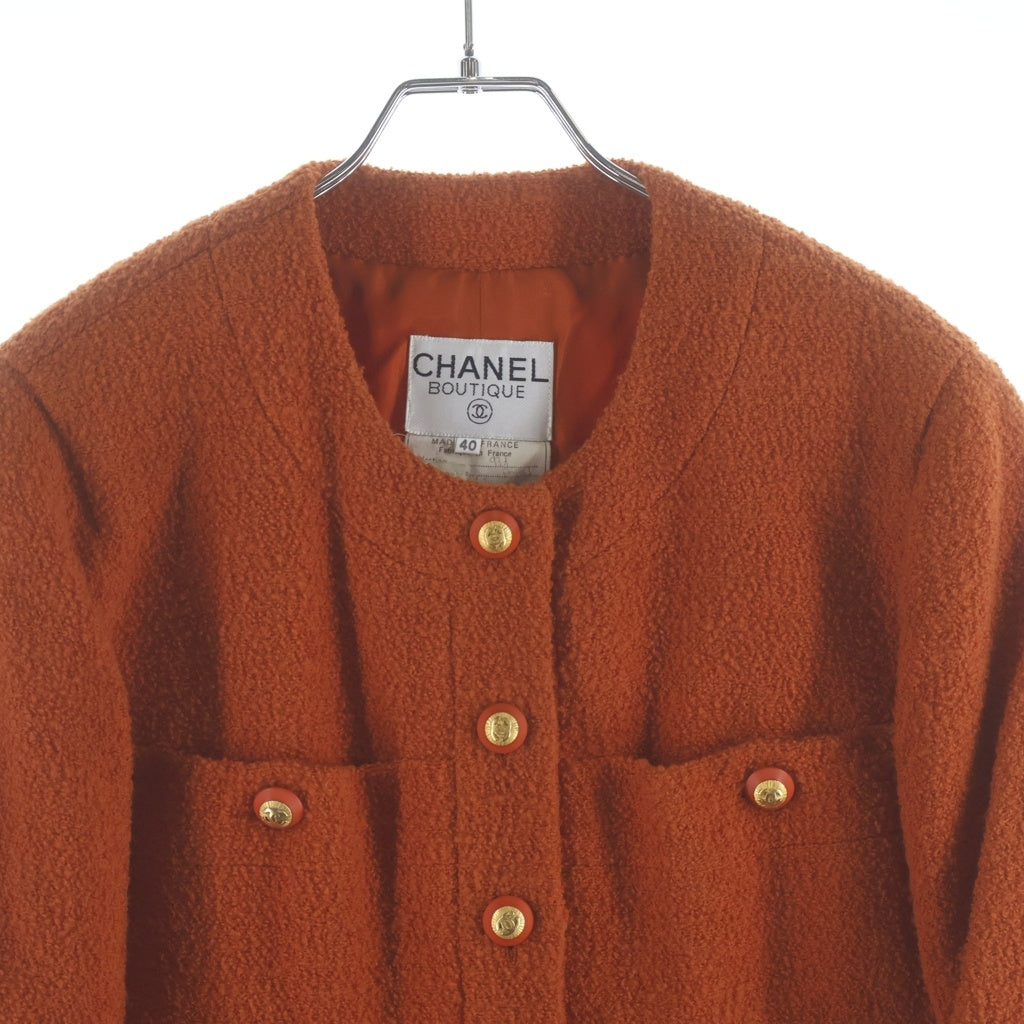 CHANEL(シャネル) ココマークボタン ウール ツイード ノーカラー コート ロングジャケット オレンジ レディース PO1961