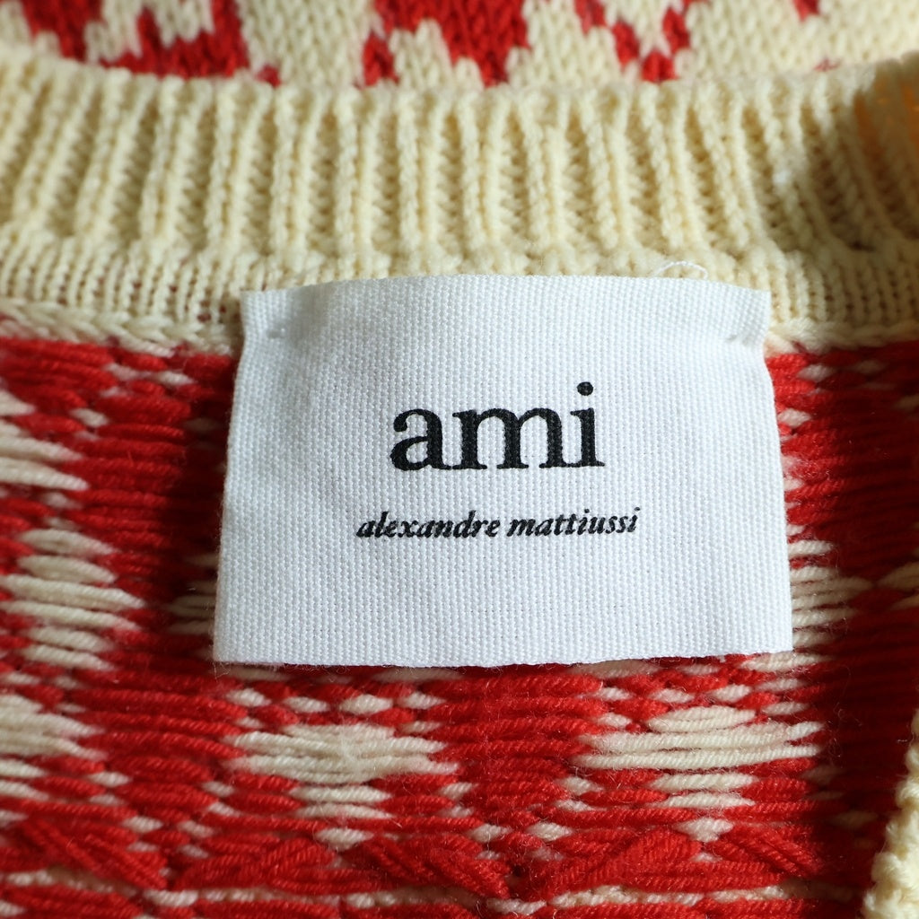 ami(アミ) アーガイル プルオーバー ロゴジャカードニットセーターベスト クリーム×レッド #S レディース