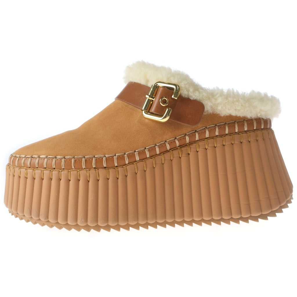 Chloe(クロエ) 厚底スエードレザー ウェッジミュール スリッポン ボアシューズ #39