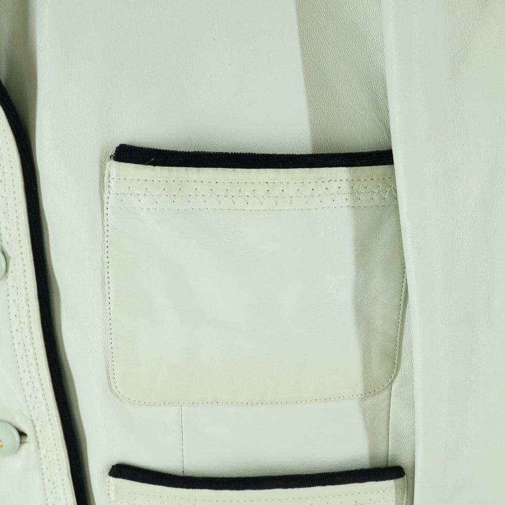 CHANEL(シャネル) セットアップ ココマークボタン ラムスキン レザー ベロア 5B ジャケット タイト ミディアムスカート ライトグリーン レディース