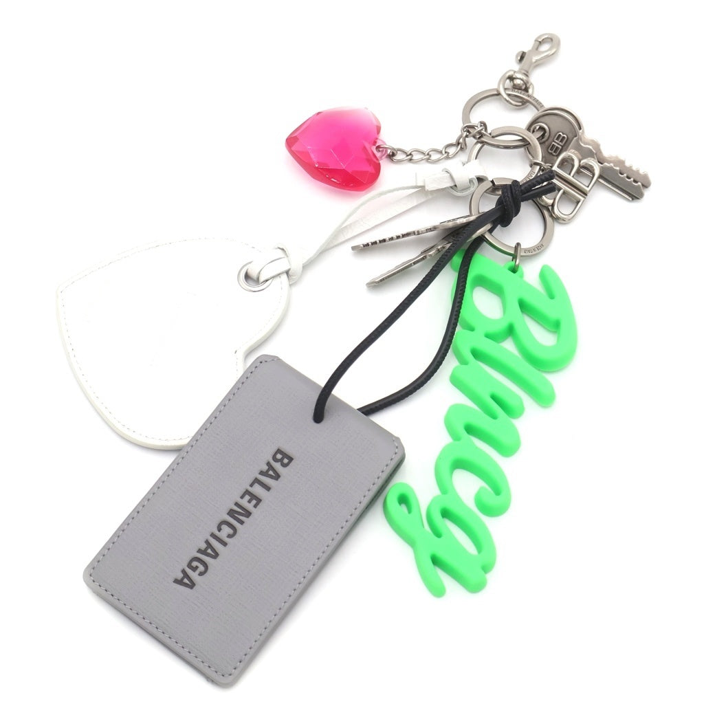 BALENCIAGA(バレンシアガ) Aki アキ ロゴモチーフ チャーム キーリング ミラー レザー×ラバー×メタル グリーン/グレー/シルバー マルチカラー レディース