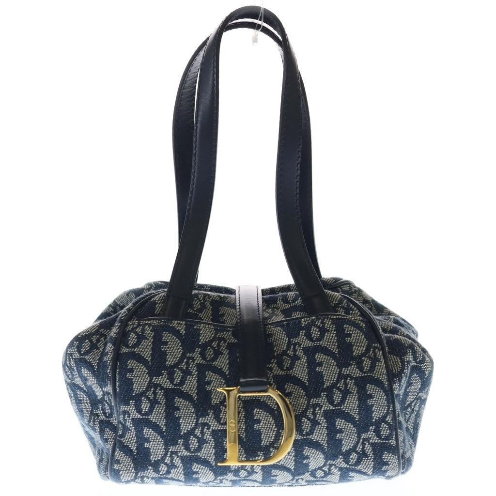 Christian Dior(クリスチャンディオール) トロッター オブリーク 総柄 D金具 キャンバス×レザー ジャガード ハンドバッグ ネイビー レディース