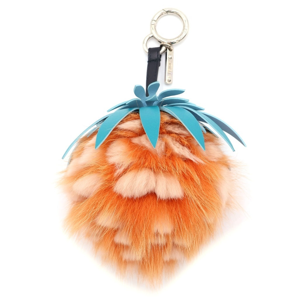 FENDI(フェンディ) フルーツ パイナップルチャーム バッグチャーム キーホルダー オレンジ ファー シルバー金具 レディース