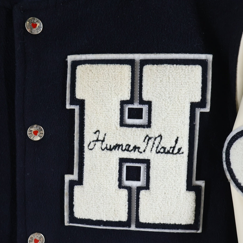 HUMAN MADE(ヒューマンメイド) 19AW VARSITY JACKET アームレザー ハートロゴ バーシティージャケット スタジャン ブルゾン ネイビー/ホワイト