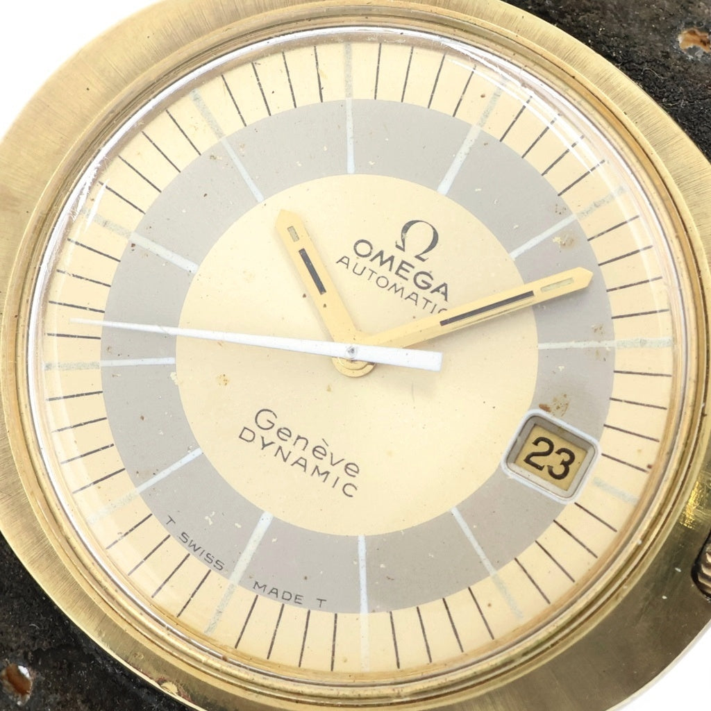 OMEGA(オメガ) ジュネーブ ダイナミック デイト ゴールド文字盤 ステンレス レザーベルト 自動巻き 腕時計 ゴールド