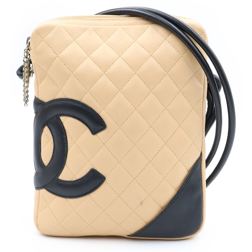 CHANEL(シャネル) カンボンライン バイカラー ショルダーバッグ ミニバッグ ベージュ×ブラック レザー シルバー金具 レディース