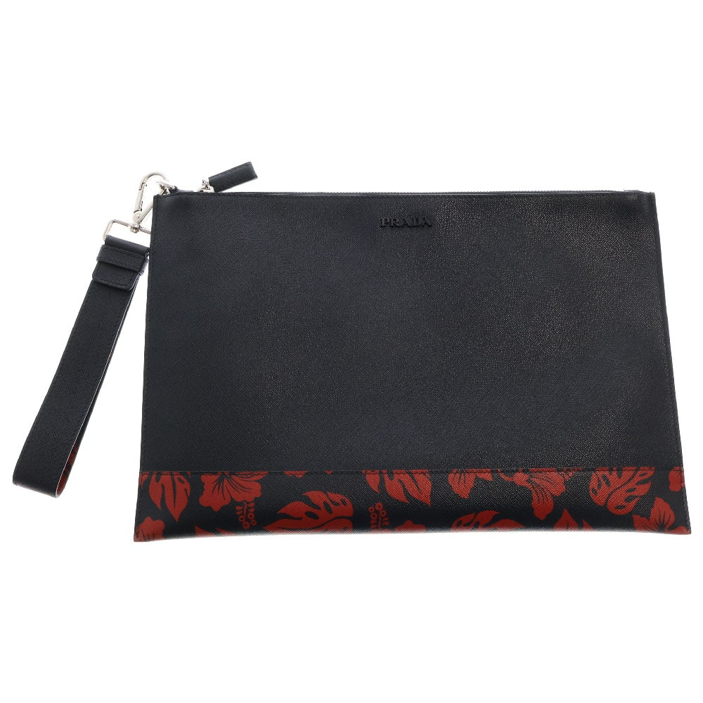 PRADA(プラダ) セカンドバッグ 花柄 ブラック×レッド レザー クラッチバッグ フラワーモチーフ 2NH001