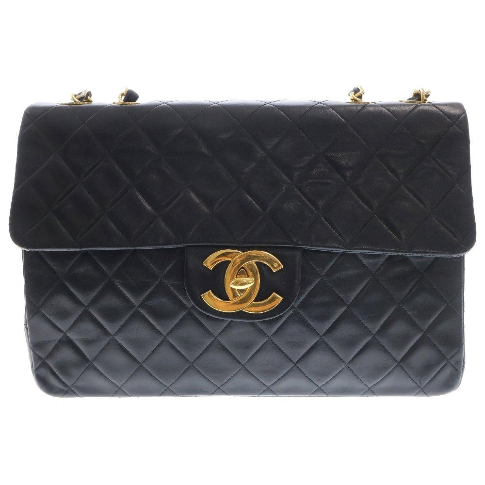 CHANEL(シャネル) デカマトラッセ シングルフラップ Wチェーン ショルダーバッグ ラムスキン ブラック レザー ゴールド金具