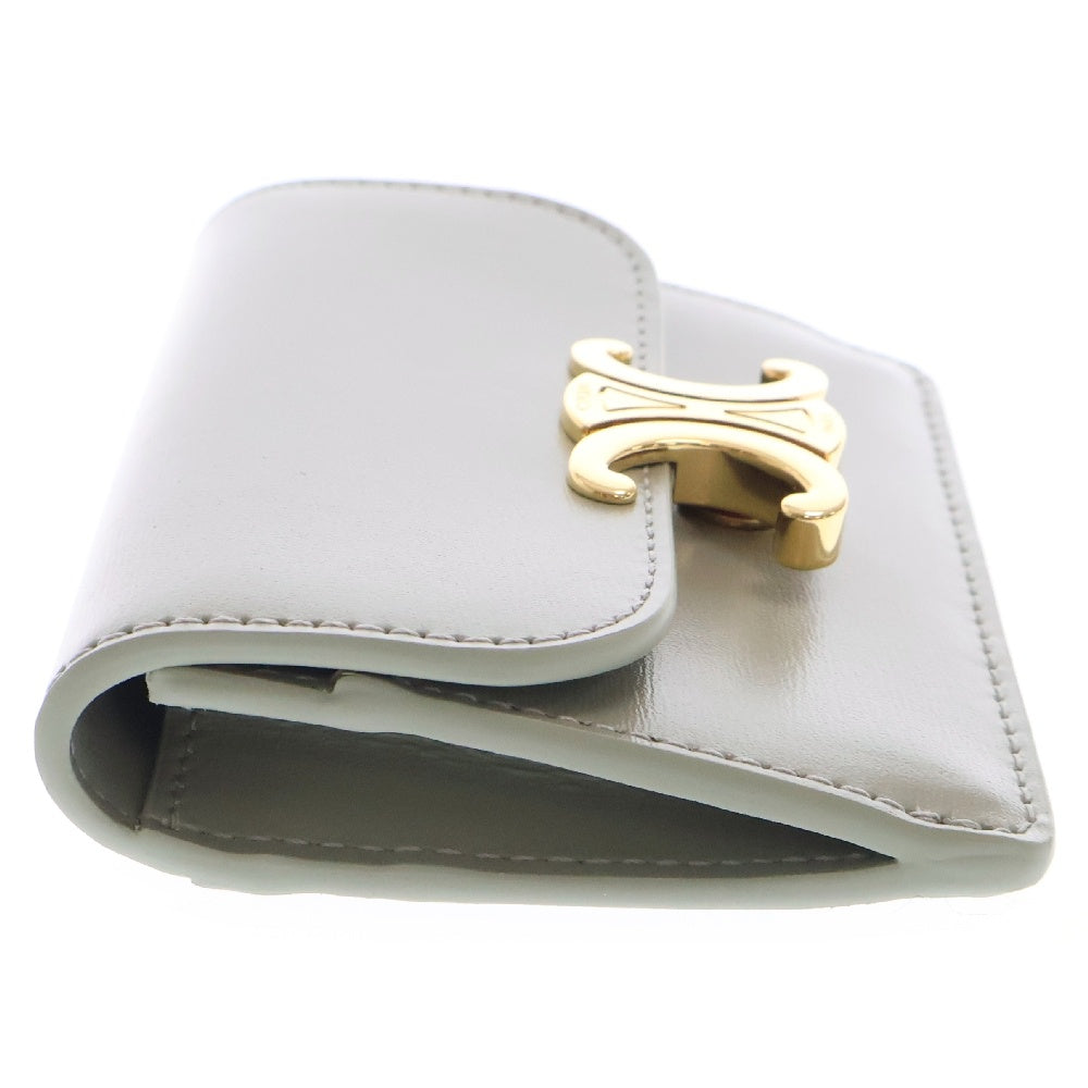 CELINE(セリーヌ) トリオンフ カードホルダー シャイニーカーフスキン ライトクレイ カードケース コンパクトウォレット ライトグリーン ゴールド金具 コインケース