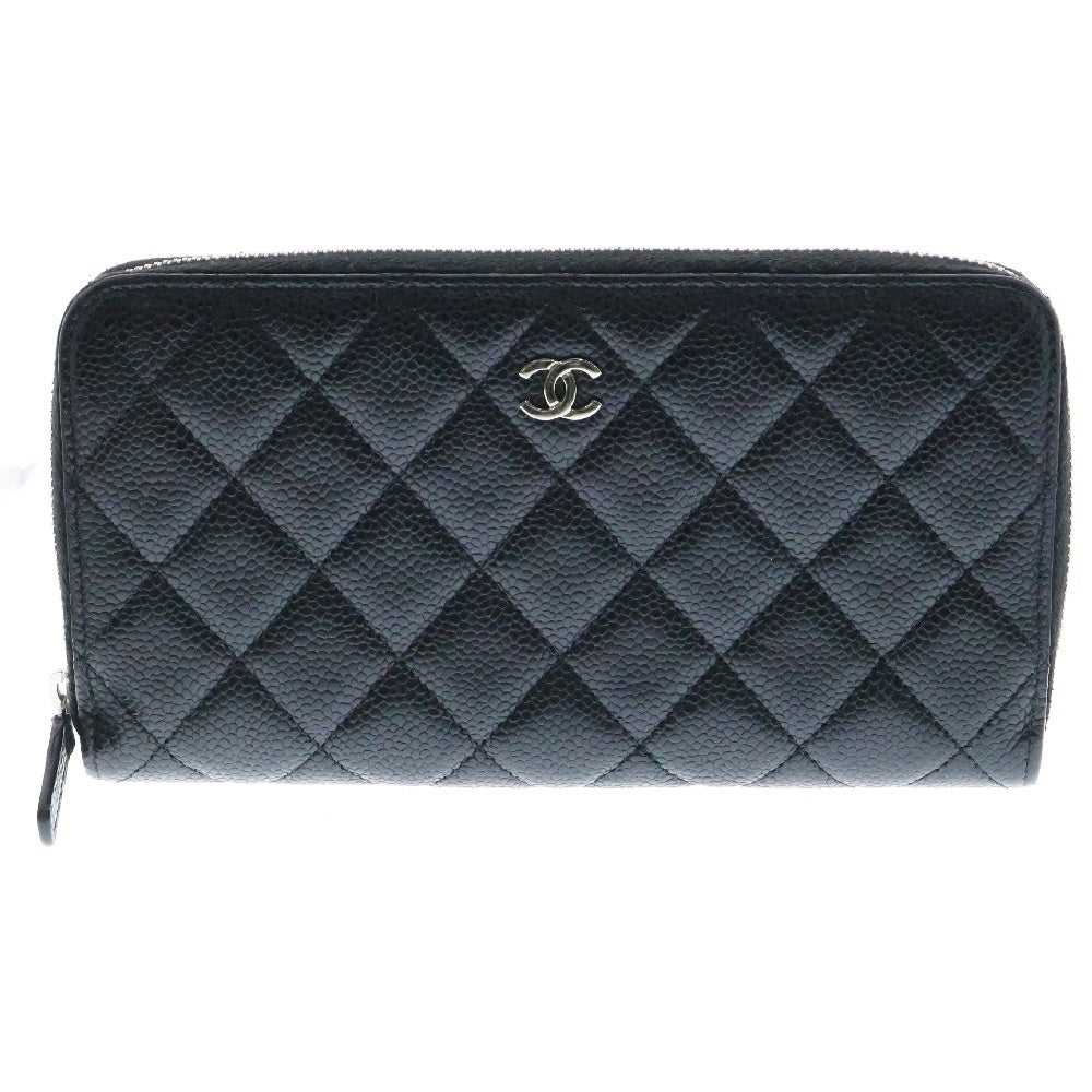 CHANEL(シャネル) ココマーク マトラッセ キャビアスキン ラウンドファスナー ロングウォレット 長財布 ブラック レディース
